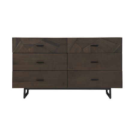 Armen Living Marquis 6 Drawer Oak Wood Dresser with Black Metal Legs LCMUDRGR